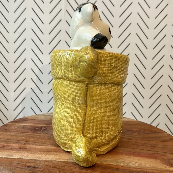 Vintage Cow Cookie Jar Yellow Burlap Sack Gunny Tow Country Kitchen Farmhouse - Picture 4 of 11